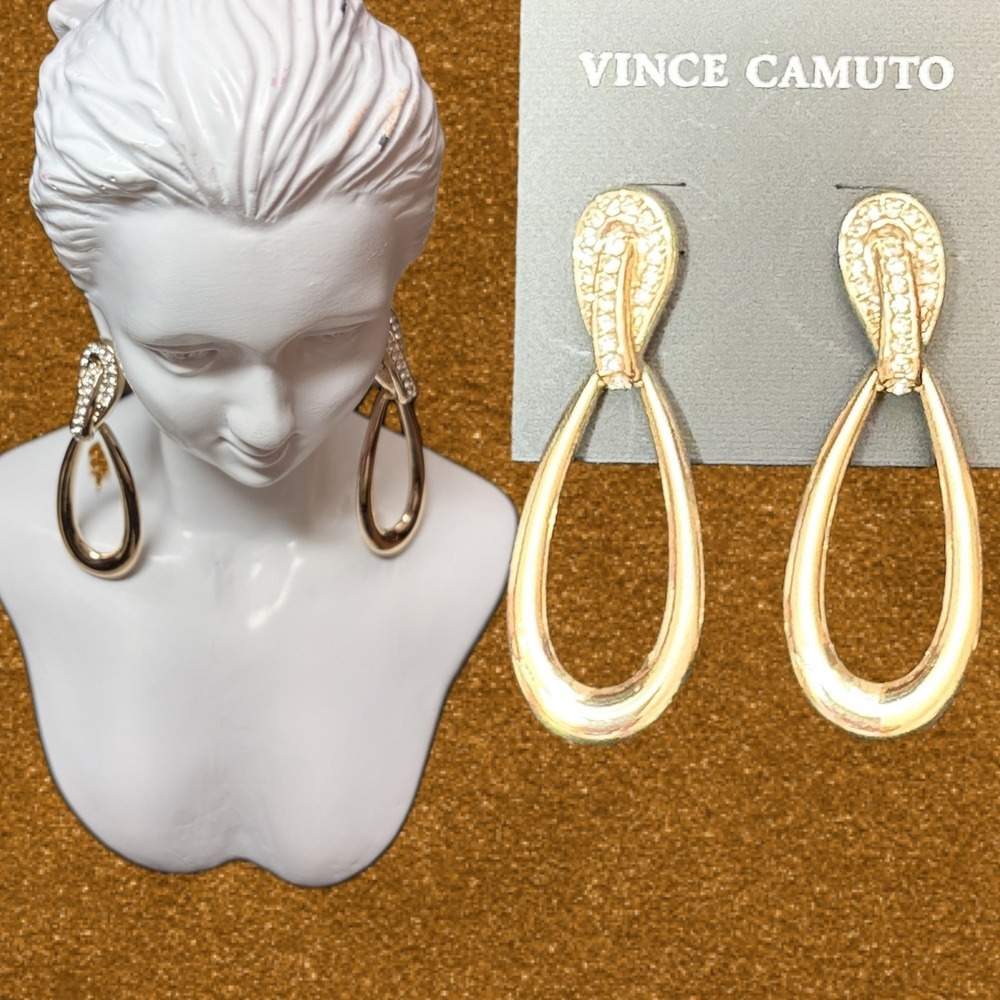 Vince Camuto Gold Tone Pave Crystal Detail Open Teardrop Drop Earrings Statement